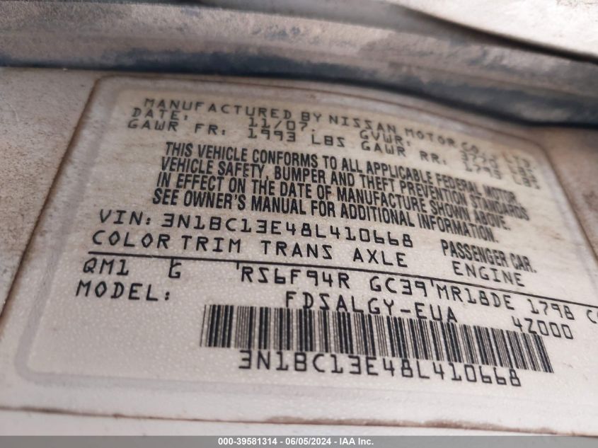 2008 Nissan Versa 1.8Sl VIN: 3N1BC13E48L410668 Lot: 39581314