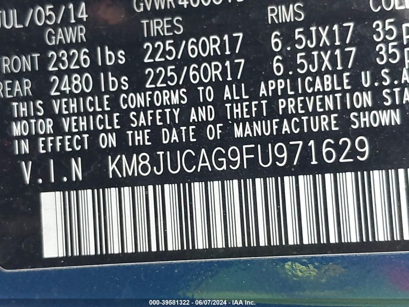 2015 Hyundai Tucson Se VIN: KM8JUCAG9FU971629 Lot: 39581322