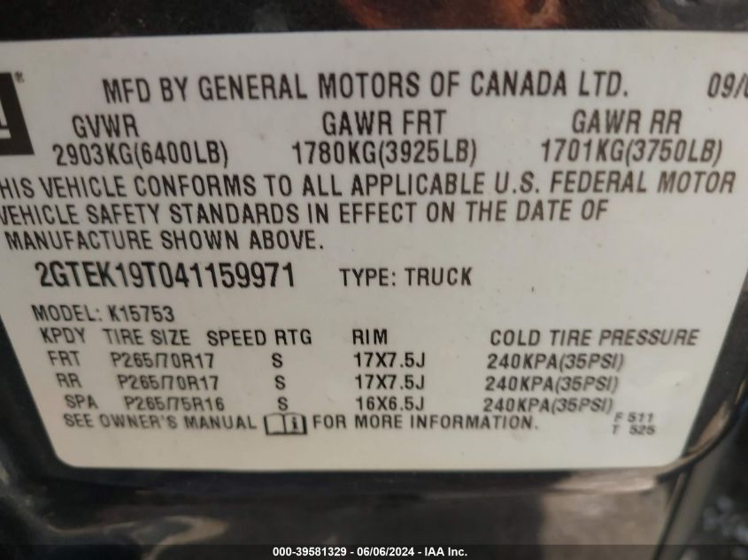 2004 GMC Sierra 1500 Slt VIN: 2GTEK19T041159971 Lot: 39581329