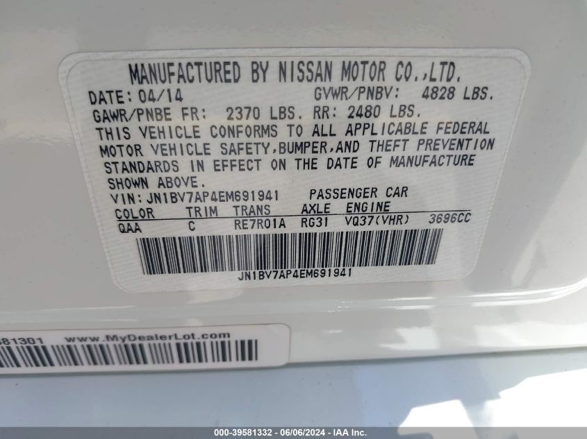 2014 Infiniti Q50 Premium VIN: JN1BV7AP4EM691941 Lot: 39581332