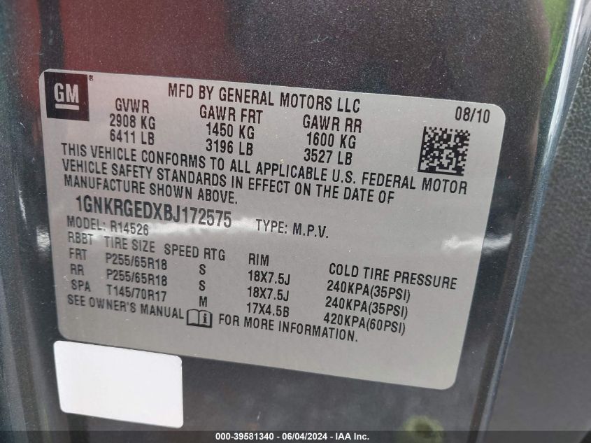 2011 Chevrolet Traverse 1Lt VIN: 1GNKRGEDXBJ172575 Lot: 39581340