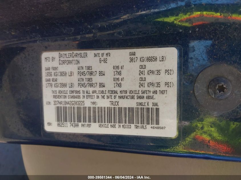 2002 Dodge Ram 1500 St VIN: 3D7HA18N42G203225 Lot: 39581344