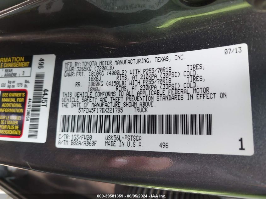 2013 Toyota Tundra Grade 5.7L V8 VIN: 5TFDW5F17DX321785 Lot: 39581359
