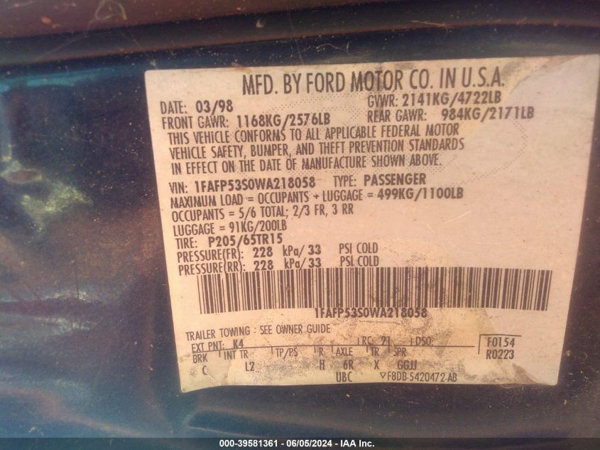 1998 Ford Taurus Se Comfort VIN: 1FAFP53S0WA218058 Lot: 39581361