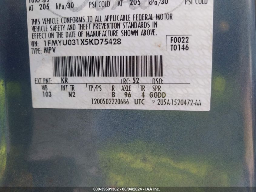 2005 Ford Escape Xlt VIN: 1FMYU031X5KD75428 Lot: 39581362