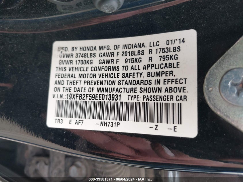 2014 Honda Civic Lx VIN: 19XFB2F59EE013931 Lot: 39581371