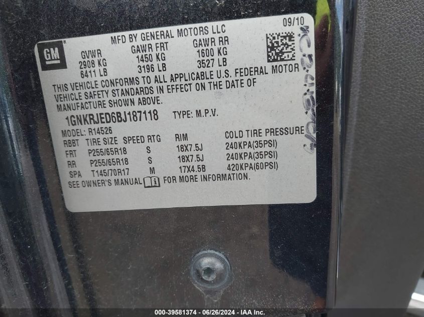 2011 Chevrolet Traverse 2Lt VIN: 1GNKRJED6BJ187118 Lot: 39581374