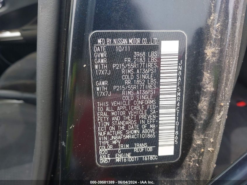 2012 Nissan Juke Sv VIN: JN8AF5MR4CT101865 Lot: 39581389