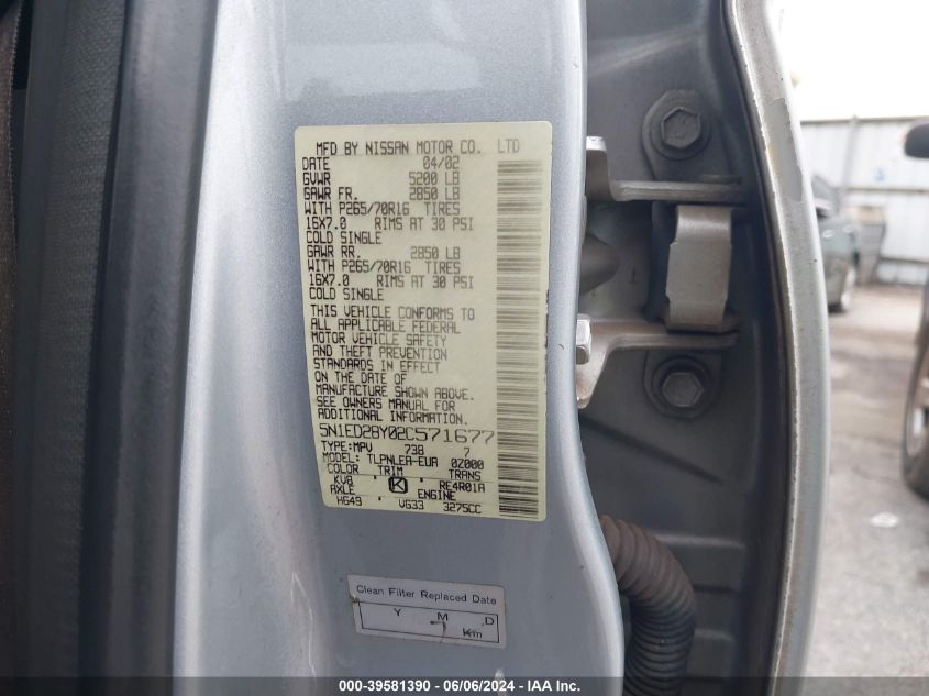 2002 Nissan Xterra Xe VIN: 5N1ED28Y02C571677 Lot: 39581390