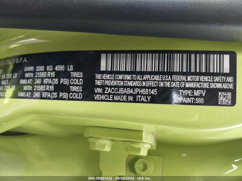 VIN ZACCJBAB4JPH68145 2018 JEEP RENEGADE SPORT