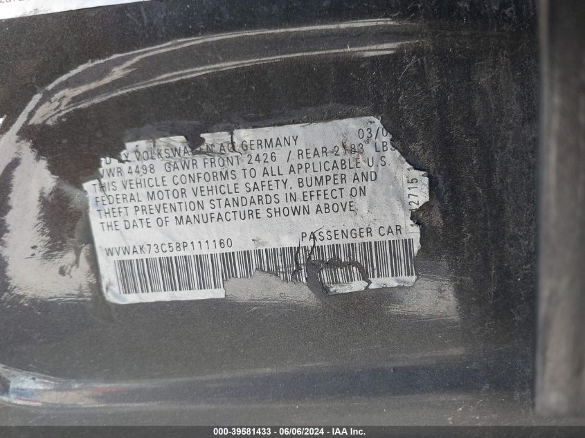 2008 Volkswagen Passat Komfort VIN: WVWAK73C58P111160 Lot: 39581433