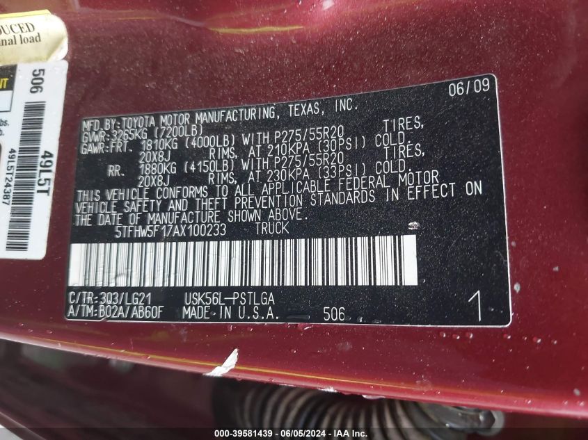 2010 Toyota Tundra Limited 5.7L V8 VIN: 5TFHW5F17AX100233 Lot: 39581439