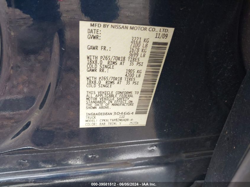 2010 Nissan Titan Se VIN: 1N6BA0ED8AN304664 Lot: 39581512