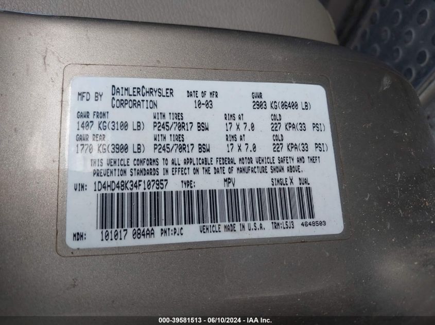 2004 Dodge Durango Slt VIN: 1D4HD48K34F107957 Lot: 39581513