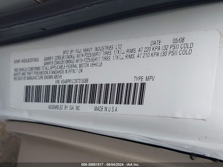 2009 Subaru Outback 2.5I VIN: 4S4BP61C297315088 Lot: 39581517