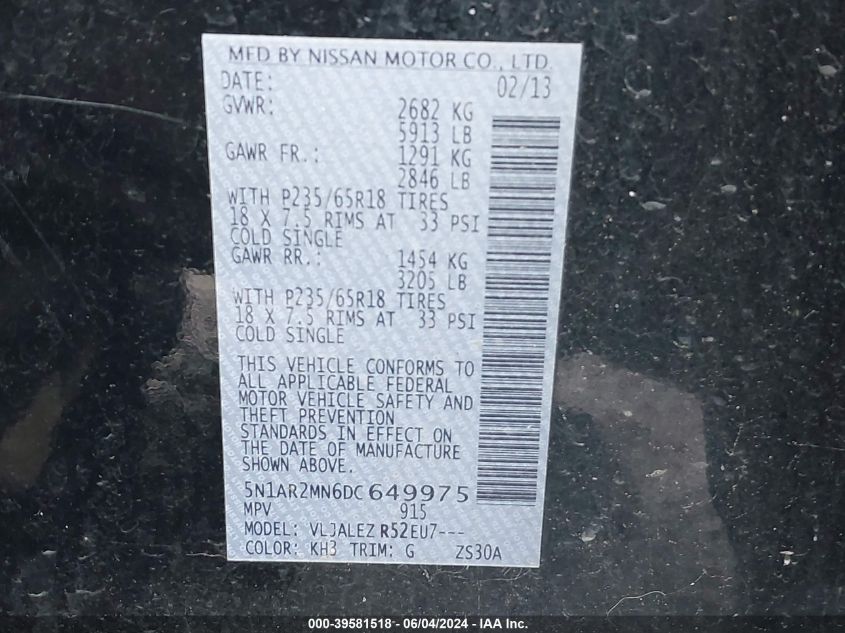 2013 Nissan Pathfinder Sv VIN: 5N1AR2MN6DC649975 Lot: 39581518