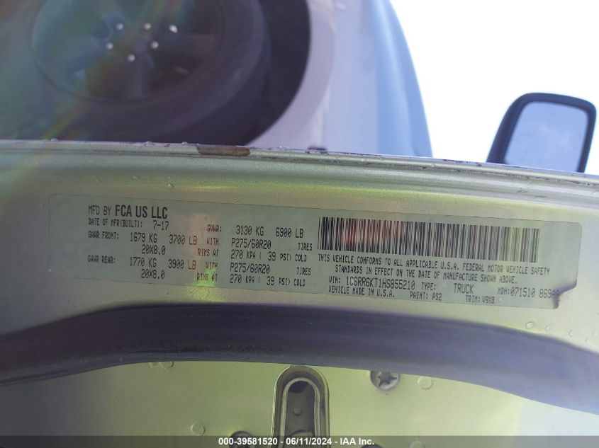 2017 Ram 1500 Express 4X2 5'7 Box VIN: 1C6RR6KT1HS855210 Lot: 39581520