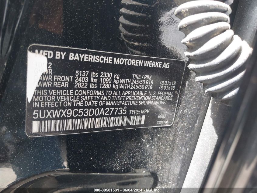 2013 BMW X3 xDrive28I VIN: 5UXWX9C53D0A27735 Lot: 39581531