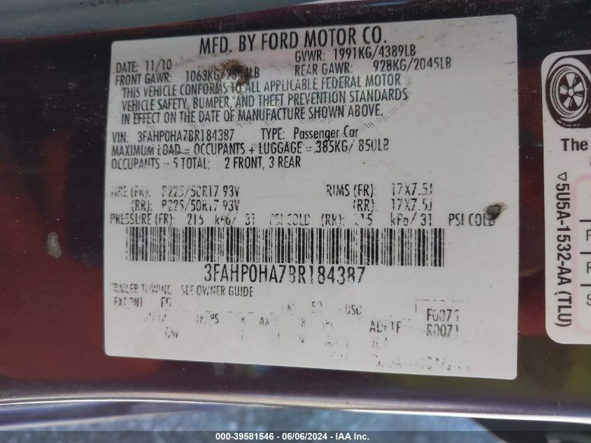 2011 Ford Fusion Se VIN: 3FAHP0HA7BR184387 Lot: 39581546