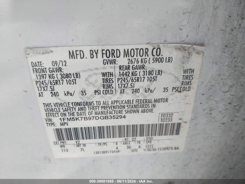 2013 Ford Explorer VIN: 1FM5K7B97DGB35294 Lot: 39581555