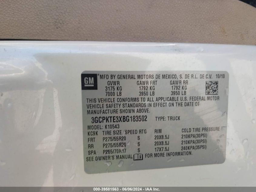 2011 Chevrolet Silverado 1500 Ltz VIN: 3GCPKTE3XBG183502 Lot: 39581563