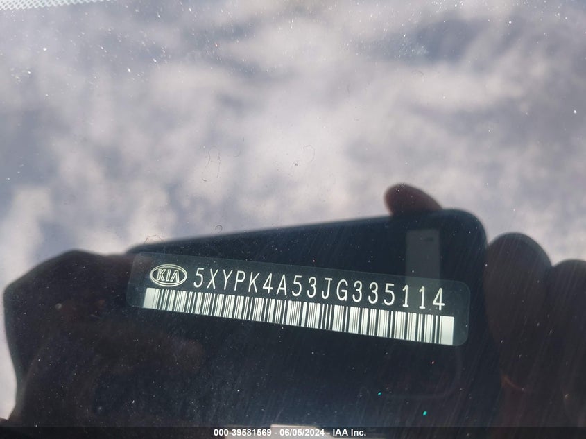 2018 Kia Sorento 3.3L Sxl VIN: 5XYPK4A53JG335114 Lot: 39581569