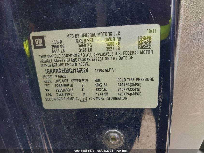 2012 Chevrolet Traverse 1Lt VIN: 1GNKRGED9CJ146924 Lot: 39581579