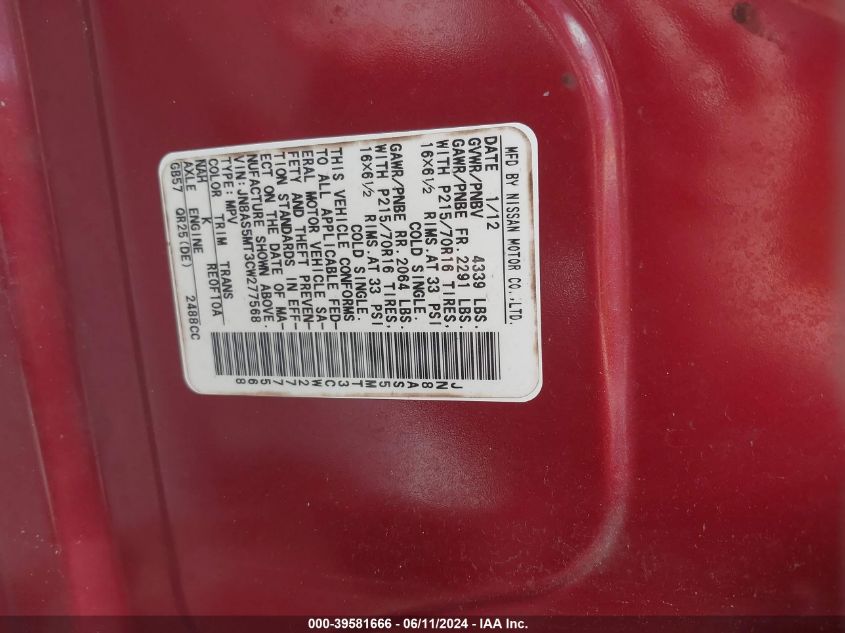 2012 Nissan Rogue S VIN: JN8AS5MT3CW277568 Lot: 39581666