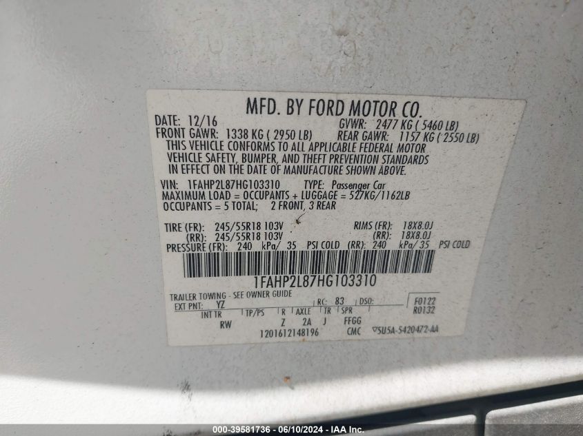 2017 Ford Police Interceptor VIN: 1FAHP2L87HG103310 Lot: 39581736