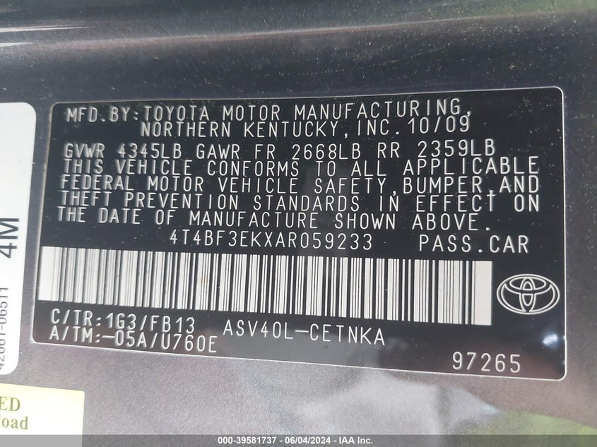 2010 Toyota Camry Le VIN: 4T4BF3EKXAR059233 Lot: 39581737