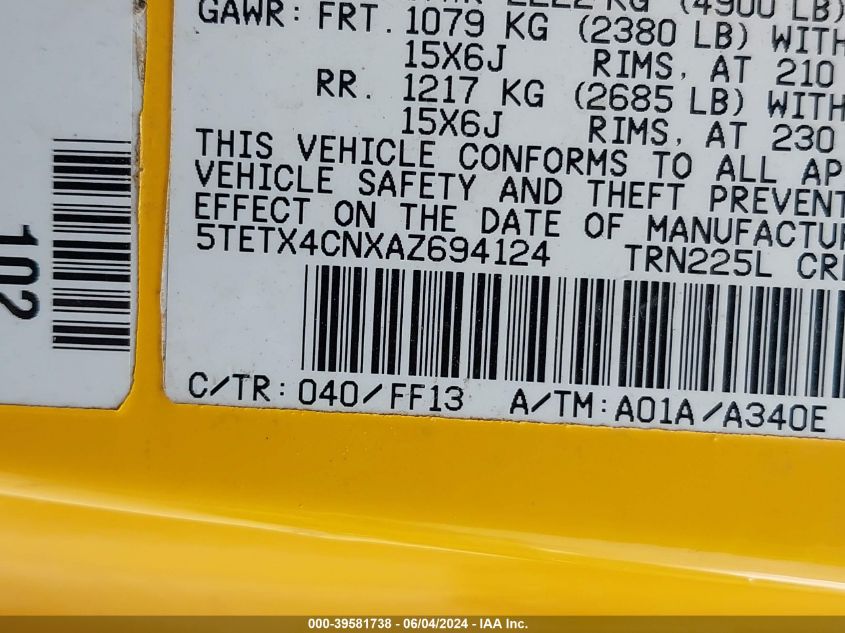 2010 Toyota Tacoma VIN: 5TETX4CNXAZ694124 Lot: 39581738