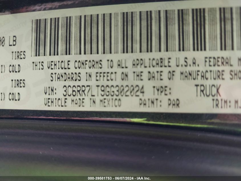 2016 Ram 1500 Big Horn VIN: 3C6RR7LT9GG302024 Lot: 39581753