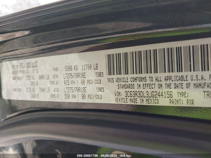 2018 Ram 3500 Slt 4X4 6'4 Box VIN: 3C63R3DL3JG244156 Lot: 39581756