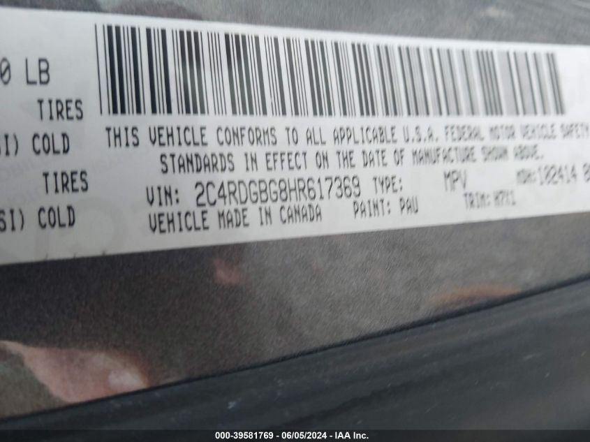 2017 Dodge Grand Caravan Se VIN: 2C4RDGBG8HR617369 Lot: 39581769