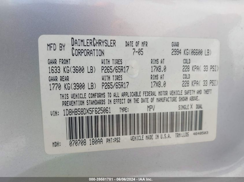 2005 Dodge Durango Limited VIN: 1D8HB58DX5F625061 Lot: 39581781