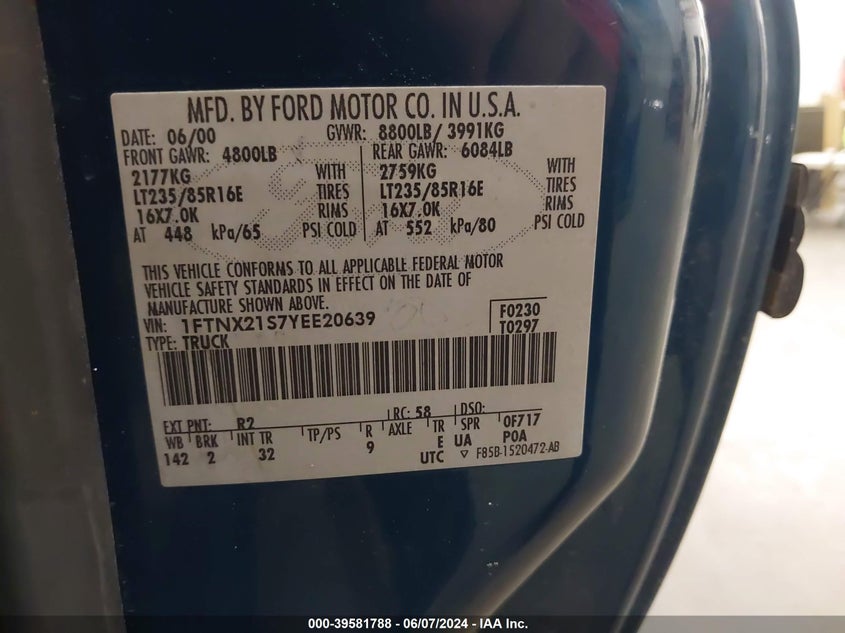 2000 Ford F-250 Lariat/Xl/Xlt VIN: 1FTNX21S7YEE20639 Lot: 39581788