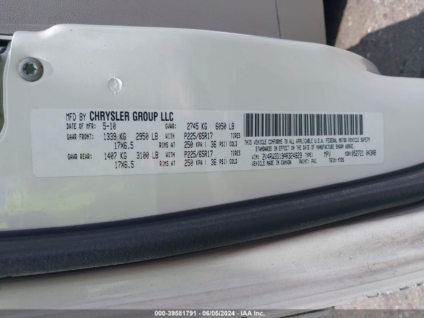 2010 Volkswagen Routan Se VIN: 2V4RW3D19AR324829 Lot: 39581791