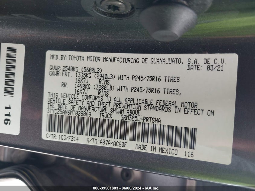 2021 TOYOTA TACOMA SR V6 - 3TYCZ5AN6MT028869