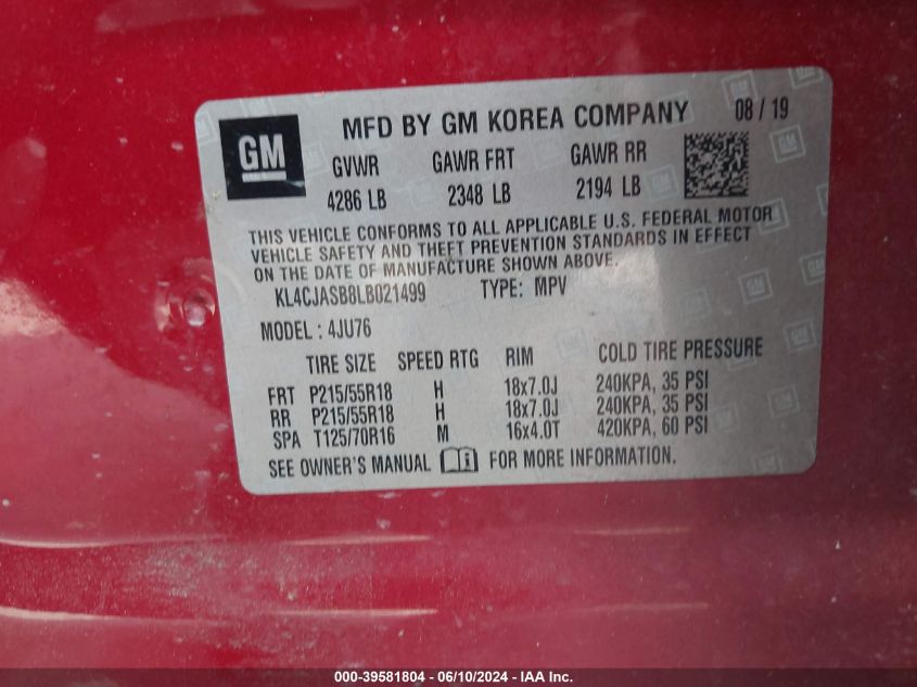 2020 Buick Encore Fwd Preferred VIN: KL4CJASB8LB021499 Lot: 39581804