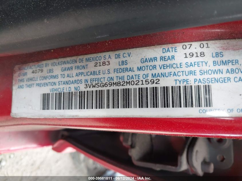 2002 Volkswagen Jetta Gls 2.8L VIN: 3VWSG69M82M021592 Lot: 39581811