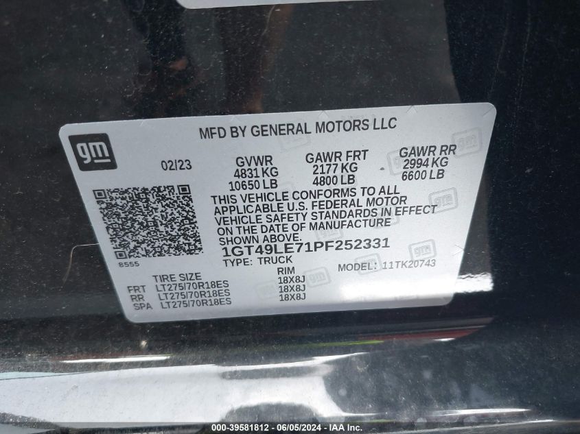 2023 GMC Sierra 2500Hd 4Wd Standard Bed Pro VIN: 1GT49LE71PF252331 Lot: 39581812