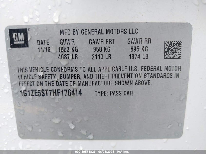 2017 Chevrolet Malibu 1Lt VIN: 1G1ZE5ST7HF176414 Lot: 39581826