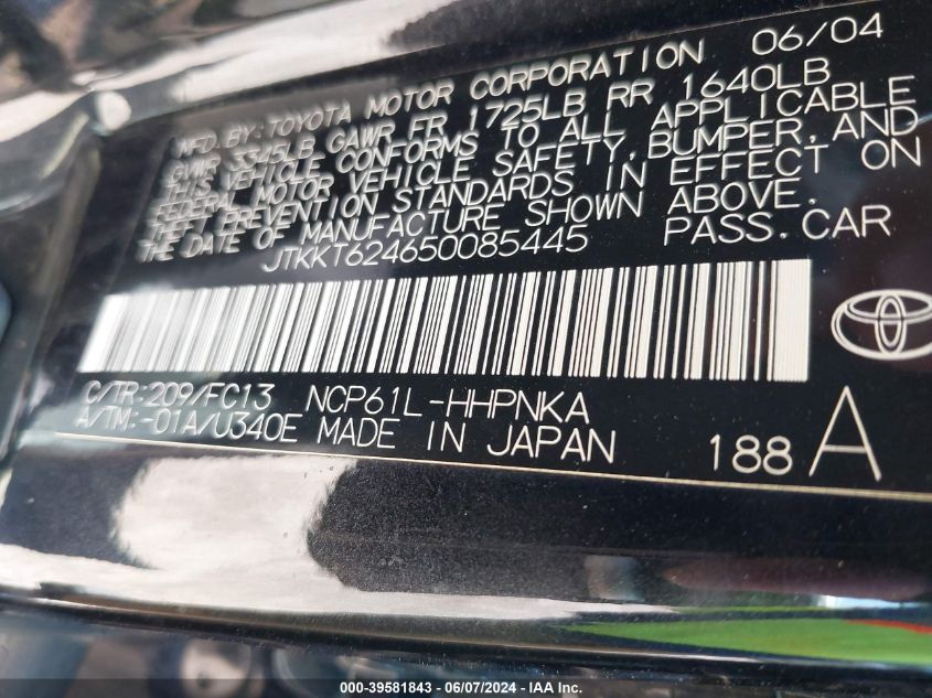 2005 Scion Xa VIN: JTKKT624650085445 Lot: 39581843