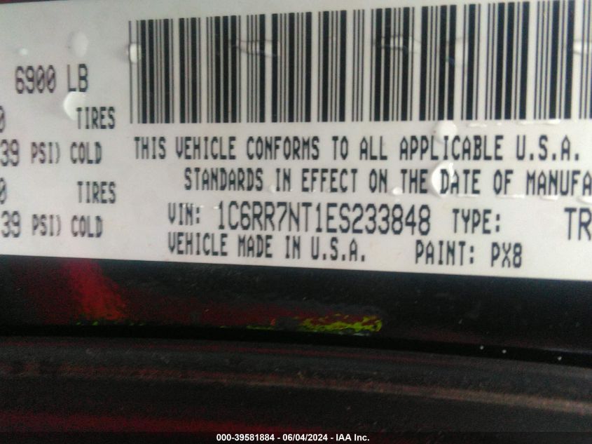 2014 Ram 1500 Laramie VIN: 1C6RR7NT1ES233848 Lot: 39581884