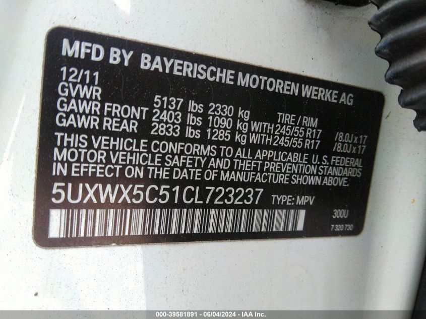 2012 BMW X3 xDrive28I VIN: 5UXWX5C51CL723237 Lot: 39581891