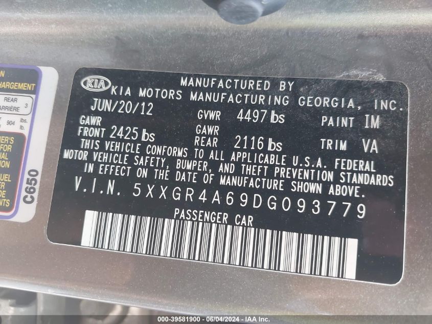 2013 Kia Optima Sx VIN: 5XXGR4A69DG093779 Lot: 39581900