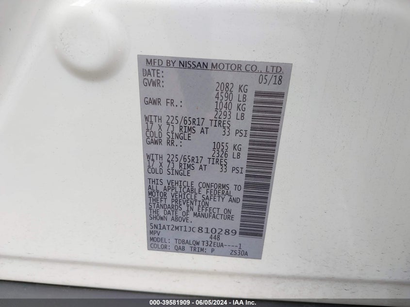 2018 Nissan Rogue Sv VIN: 5N1AT2MT1JC810289 Lot: 39581909