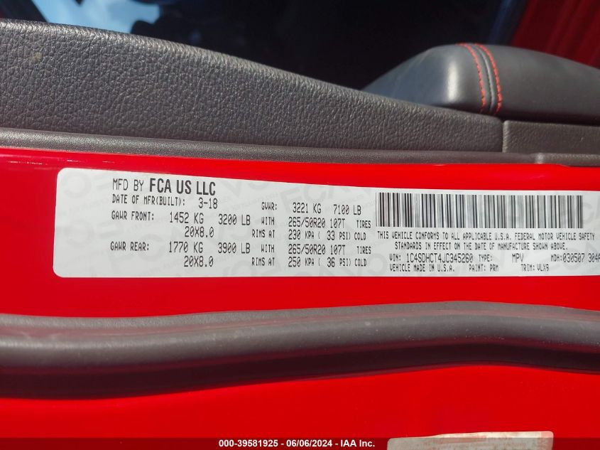 2018 Dodge Durango R/T Rwd VIN: 1C4SDHCT4JC345260 Lot: 39581925