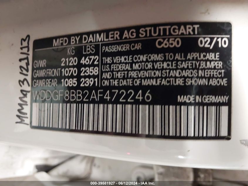 2010 Mercedes-Benz C 300 Luxury 4Matic/Sport 4Matic VIN: WDDGF8BB2AF472246 Lot: 39581927