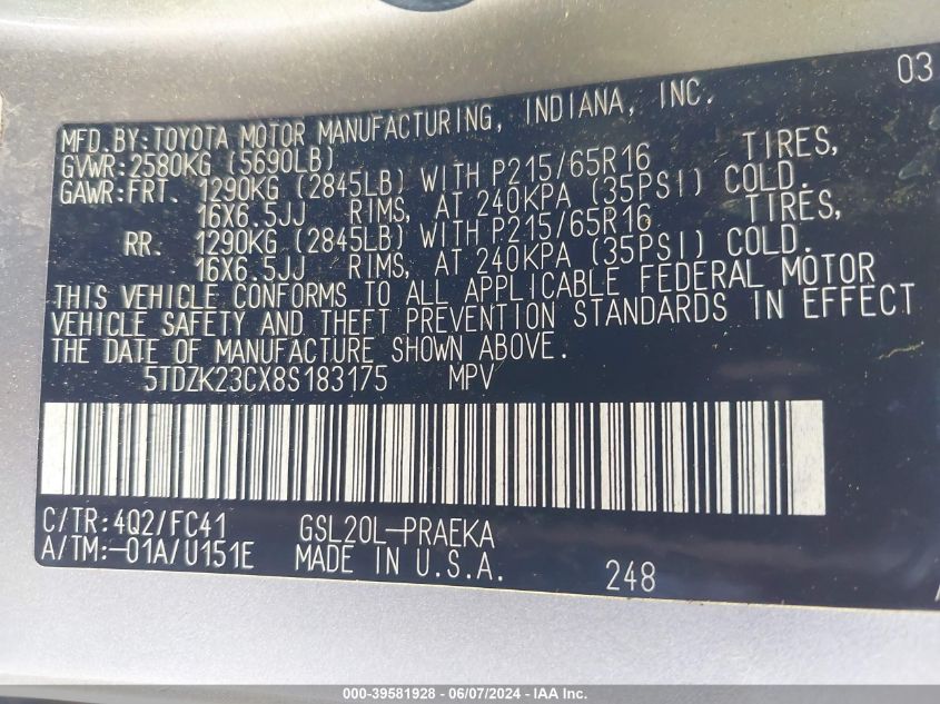 2008 Toyota Sienna Le VIN: 5TDZK23CX8S183175 Lot: 39581928